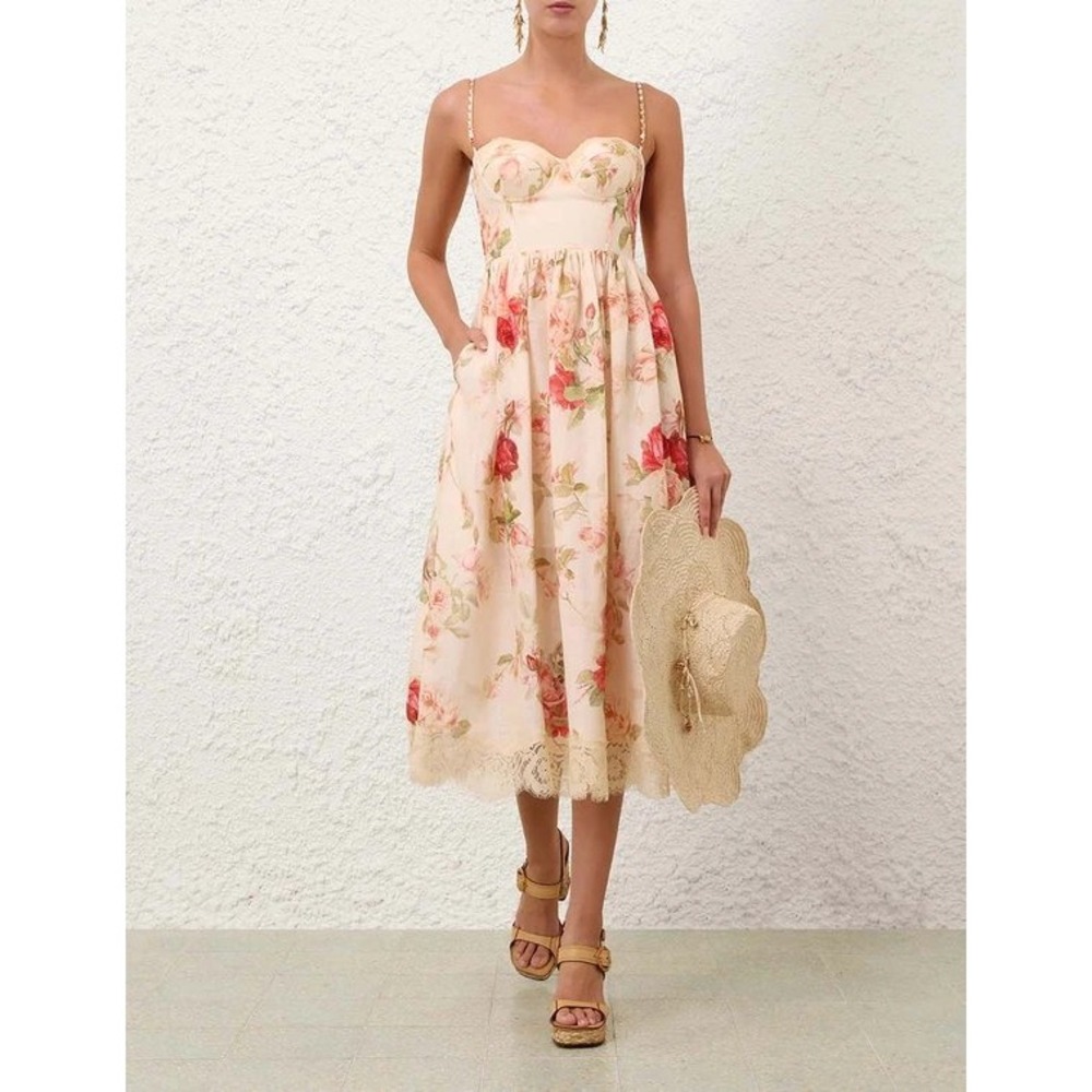 Zimmermann Women's Roselight Picnic Linen Midi Dress Cream Floral 0 Cottagecore